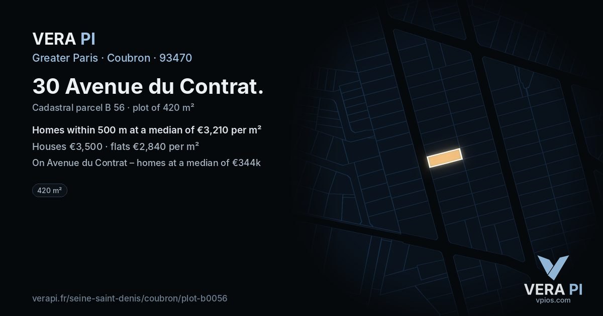 30 Avenue du Contrat, Coubron at night – the plot lit, the parcels around coloured by the prices near them
