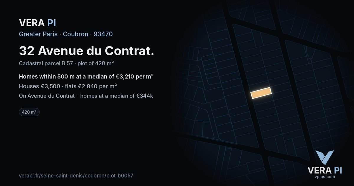 32 Avenue du Contrat, Coubron at night – the plot lit, the parcels around coloured by the prices near them