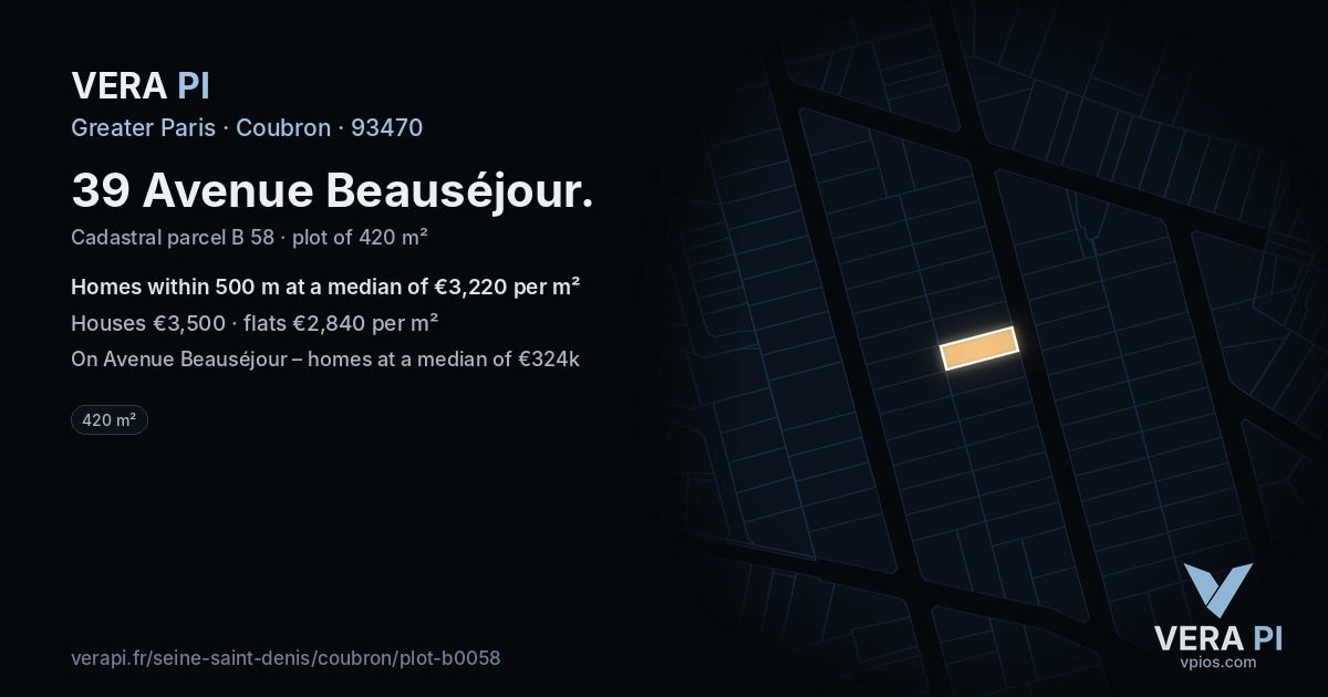 39 Avenue Beauséjour, Coubron at night – the plot lit, the parcels around coloured by the prices near them