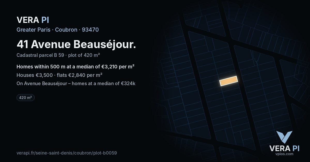 41 Avenue Beauséjour, Coubron at night – the plot lit, the parcels around coloured by the prices near them