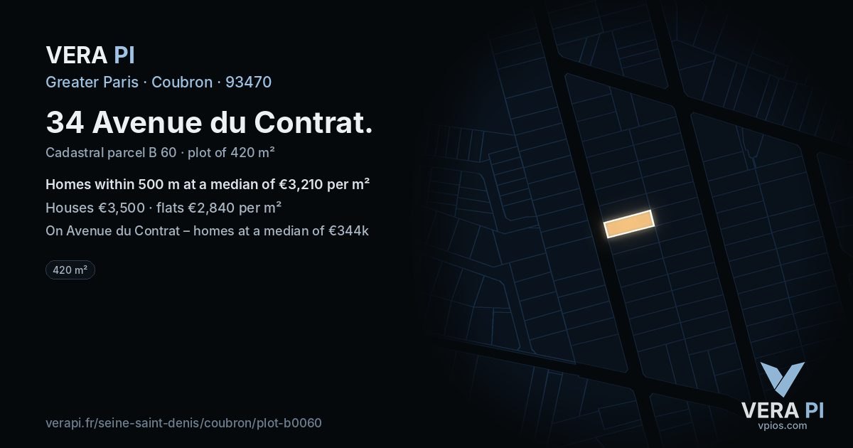 34 Avenue du Contrat, Coubron at night – the plot lit, the parcels around coloured by the prices near them