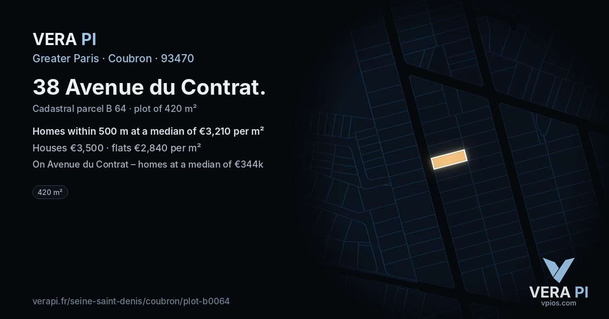 38 Avenue du Contrat, Coubron at night – the plot lit, the parcels around coloured by the prices near them