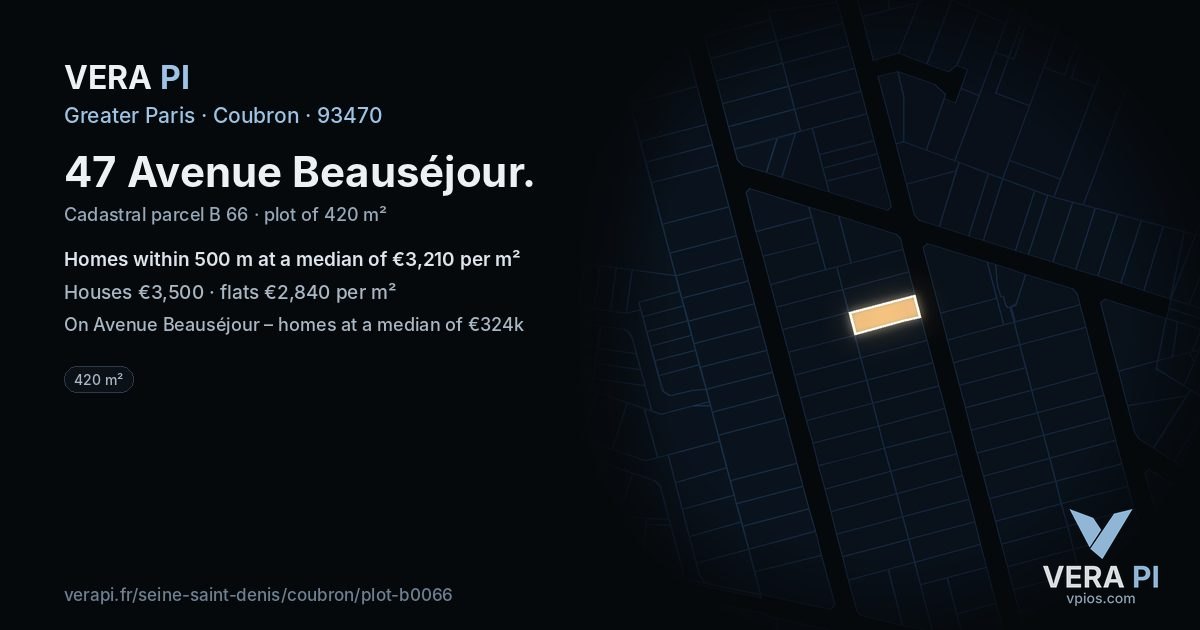 47 Avenue Beauséjour, Coubron at night – the plot lit, the parcels around coloured by the prices near them