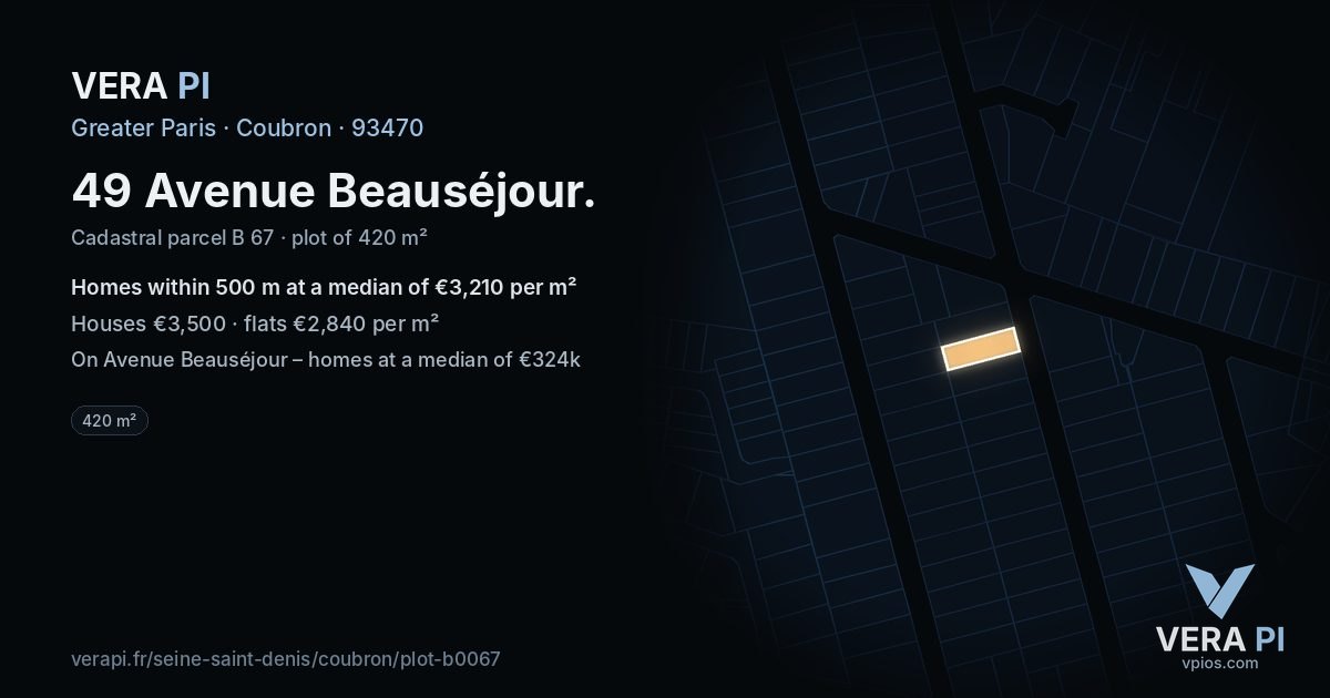 49 Avenue Beauséjour, Coubron at night – the plot lit, the parcels around coloured by the prices near them
