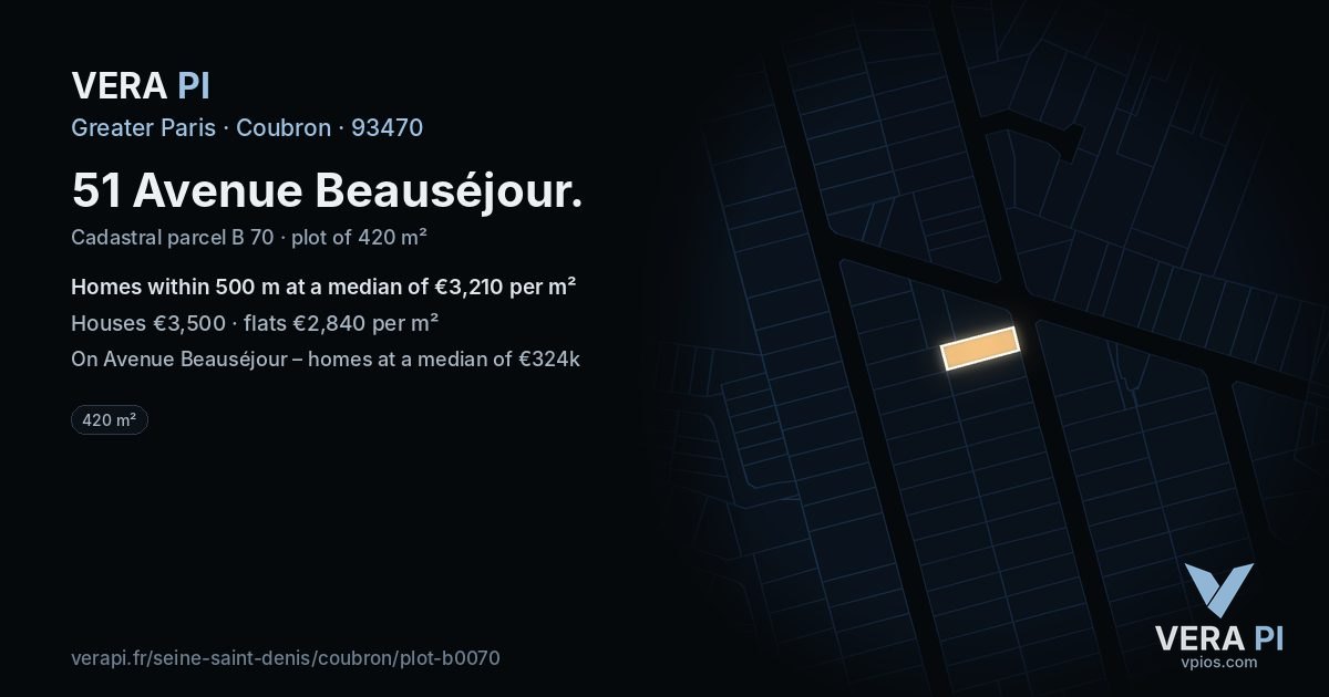 51 Avenue Beauséjour, Coubron at night – the plot lit, the parcels around coloured by the prices near them