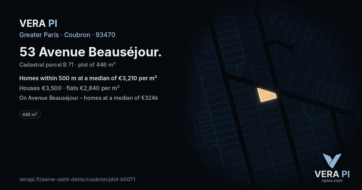 53 Avenue Beauséjour, Coubron at night – the plot lit, the parcels around coloured by the prices near them