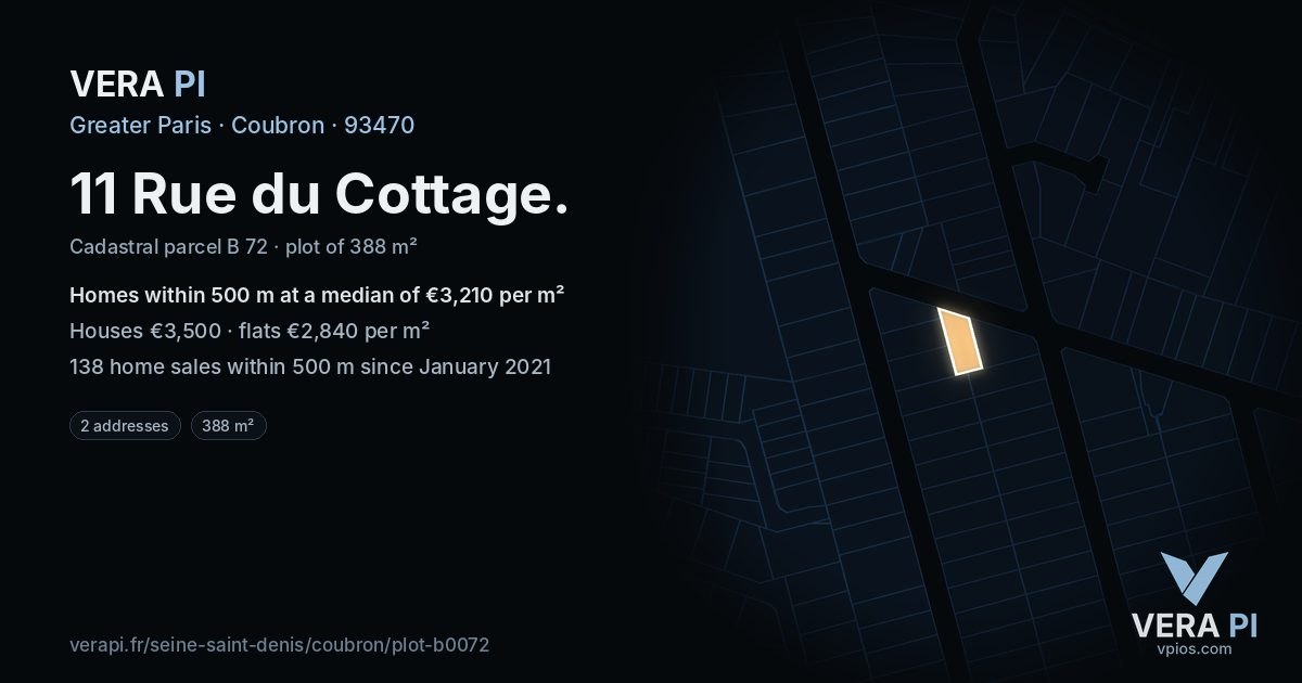11 Rue du Cottage, Coubron at night – the plot lit, the parcels around coloured by the prices near them