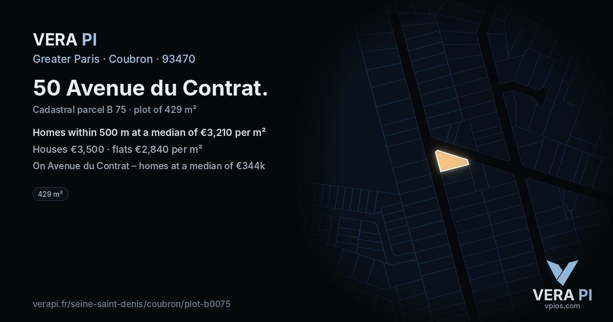 50 Avenue du Contrat, Coubron at night – the plot lit, the parcels around coloured by the prices near them