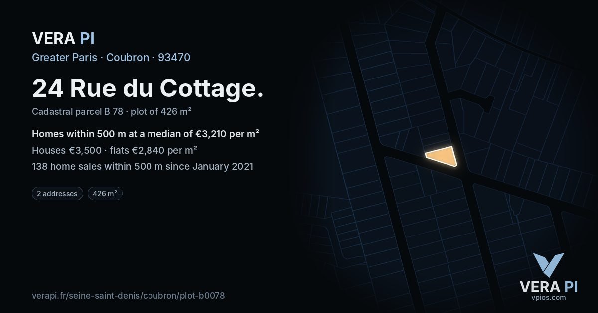 24 Rue du Cottage, Coubron at night – the plot lit, the parcels around coloured by the prices near them