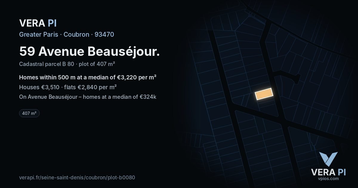 59 Avenue Beauséjour, Coubron at night – the plot lit, the parcels around coloured by the prices near them