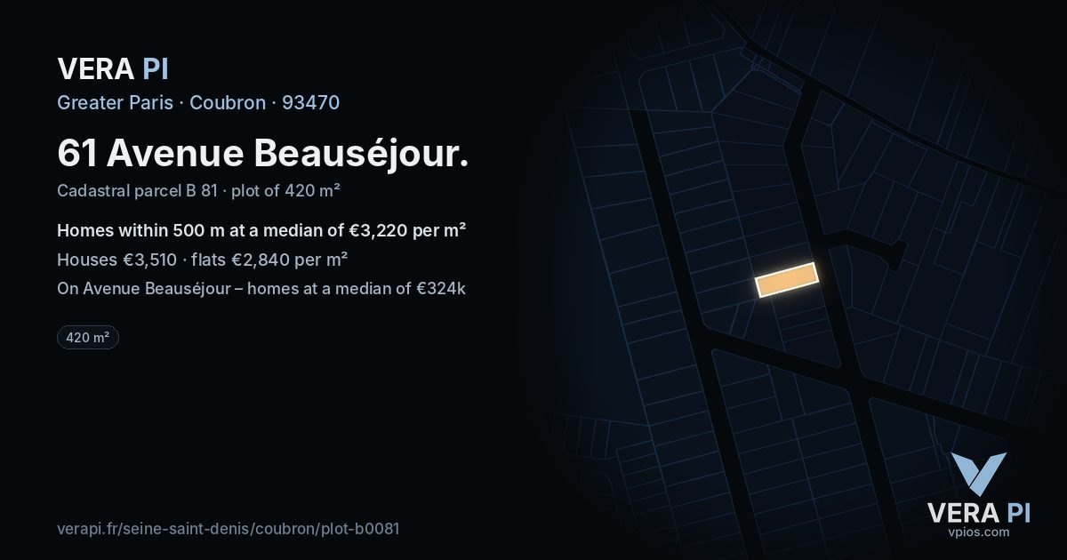 61 Avenue Beauséjour, Coubron at night – the plot lit, the parcels around coloured by the prices near them