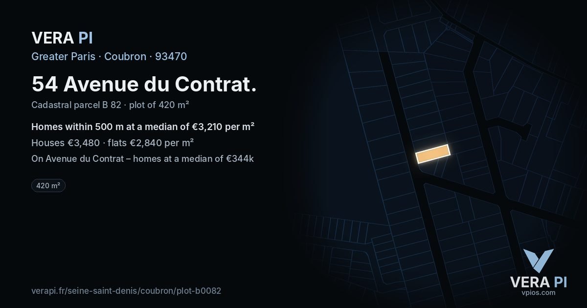 54 Avenue du Contrat, Coubron at night – the plot lit, the parcels around coloured by the prices near them
