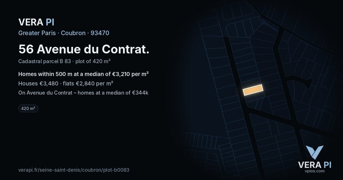 56 Avenue du Contrat, Coubron at night – the plot lit, the parcels around coloured by the prices near them