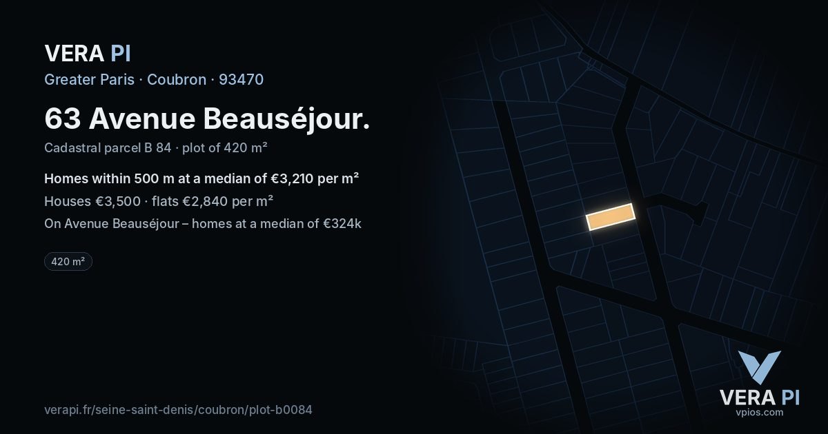 63 Avenue Beauséjour, Coubron at night – the plot lit, the parcels around coloured by the prices near them