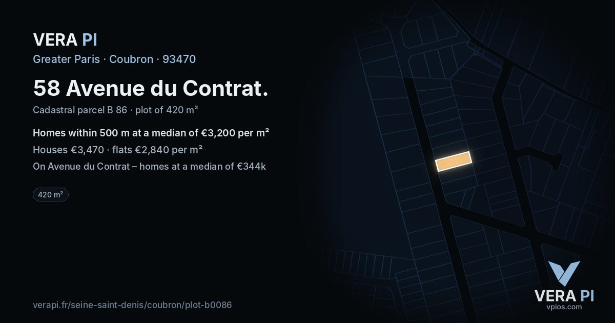 58 Avenue du Contrat, Coubron at night – the plot lit, the parcels around coloured by the prices near them