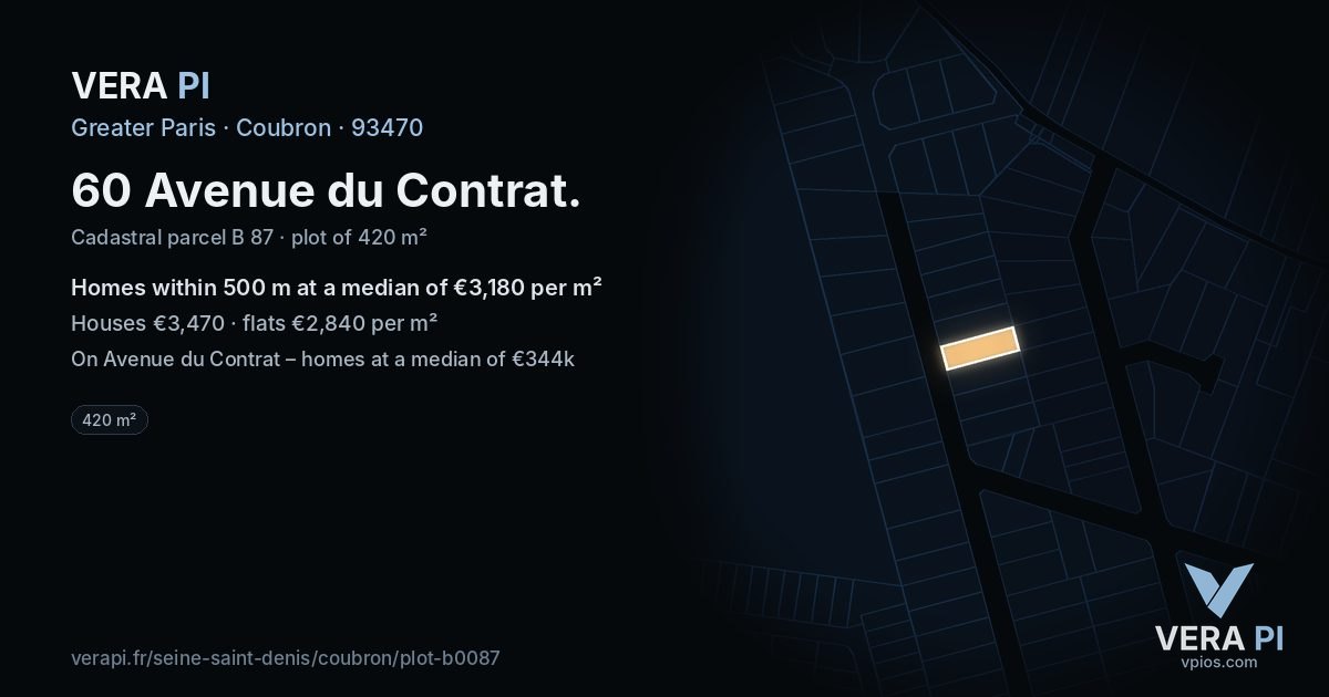 60 Avenue du Contrat, Coubron at night – the plot lit, the parcels around coloured by the prices near them