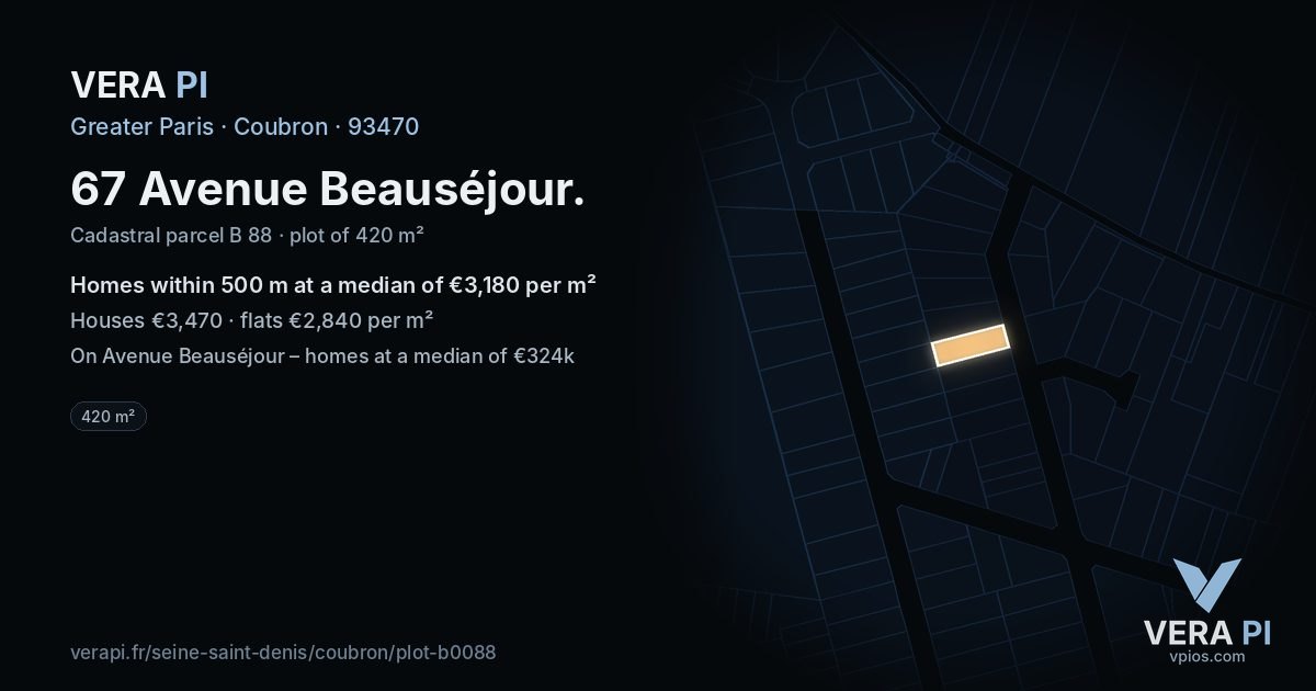 67 Avenue Beauséjour, Coubron at night – the plot lit, the parcels around coloured by the prices near them