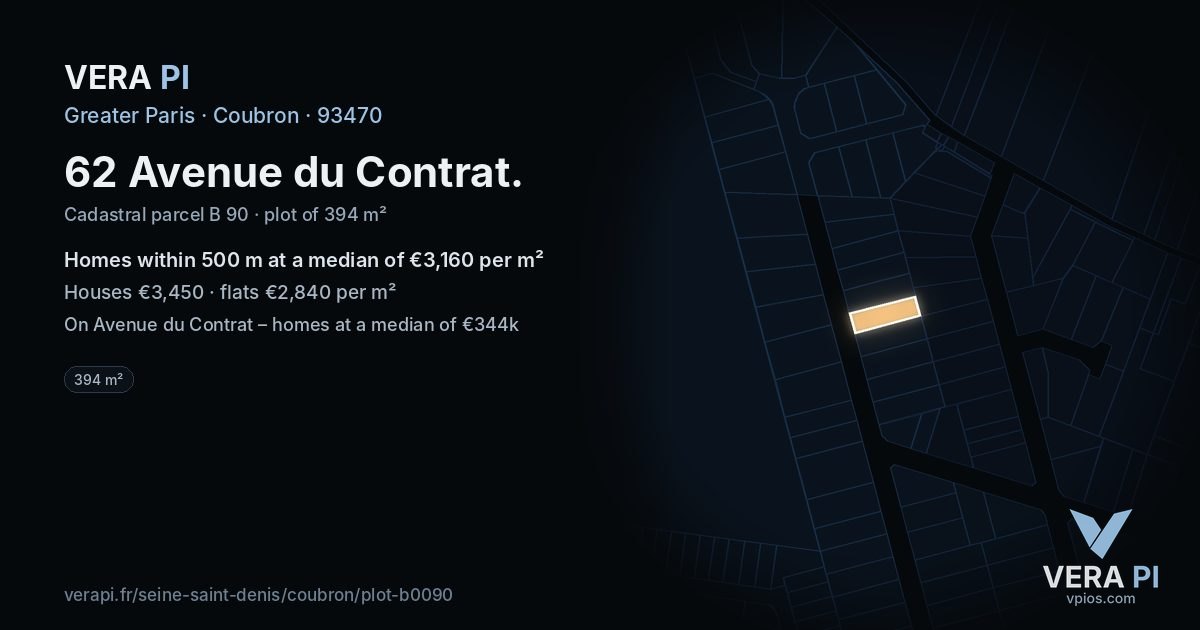 62 Avenue du Contrat, Coubron at night – the plot lit, the parcels around coloured by the prices near them