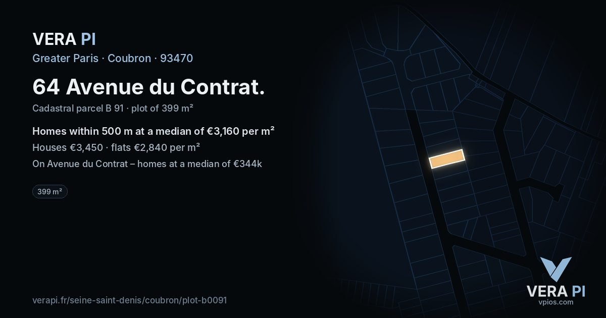 64 Avenue du Contrat, Coubron at night – the plot lit, the parcels around coloured by the prices near them