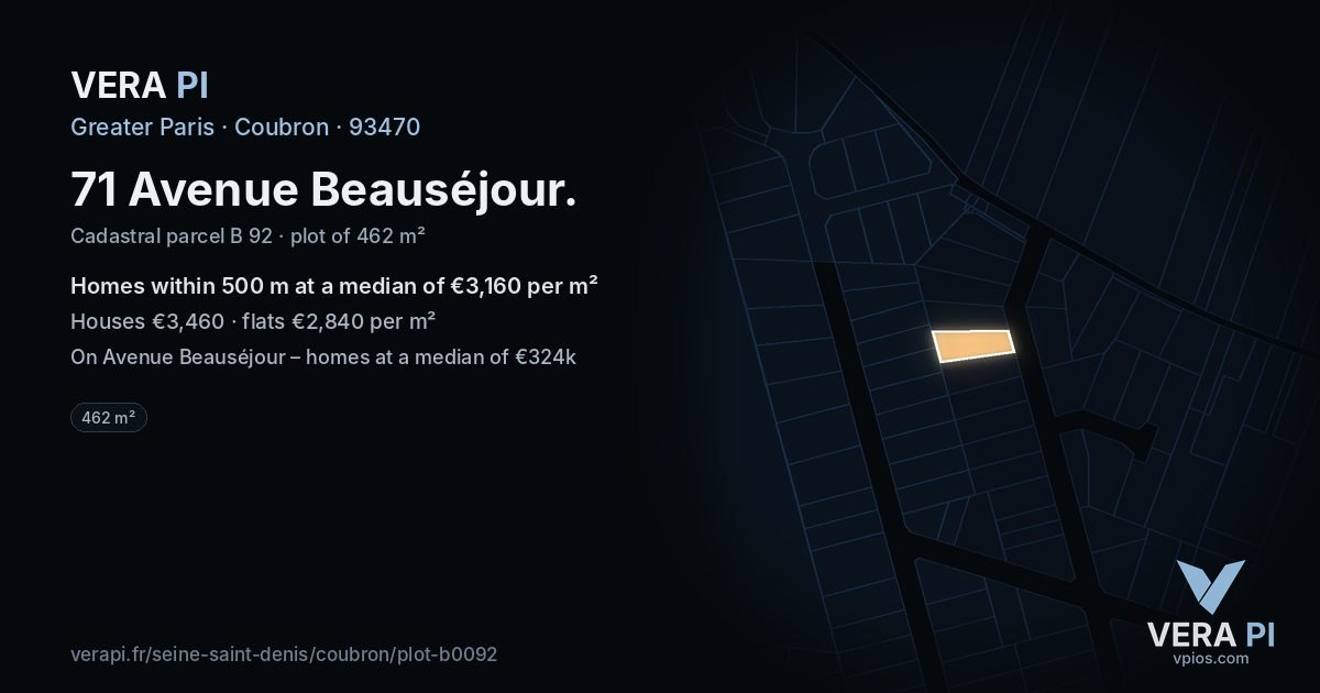 71 Avenue Beauséjour, Coubron at night – the plot lit, the parcels around coloured by the prices near them