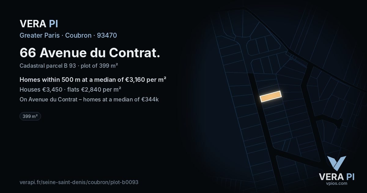 66 Avenue du Contrat, Coubron at night – the plot lit, the parcels around coloured by the prices near them