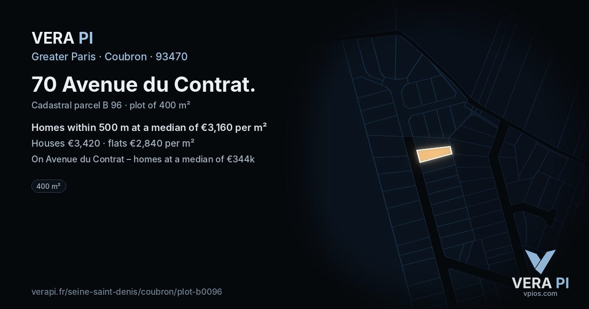 70 Avenue du Contrat, Coubron at night – the plot lit, the parcels around coloured by the prices near them