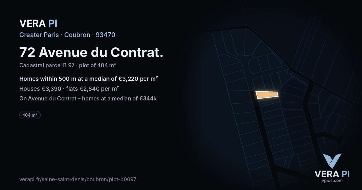 72 Avenue du Contrat, Coubron at night – the plot lit, the parcels around coloured by the prices near them