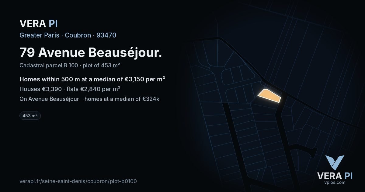 79 Avenue Beauséjour, Coubron at night – the plot lit, the parcels around coloured by the prices near them