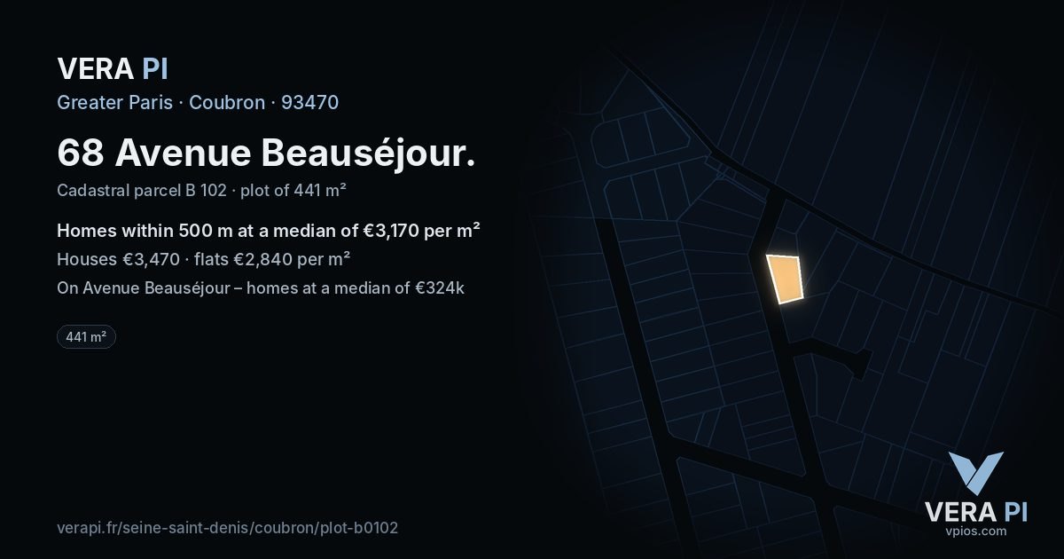 68 Avenue Beauséjour, Coubron at night – the plot lit, the parcels around coloured by the prices near them