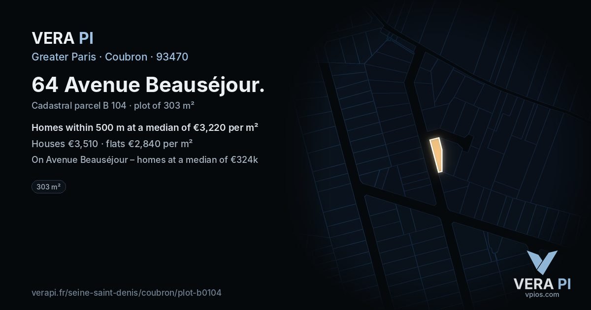 64 Avenue Beauséjour, Coubron at night – the plot lit, the parcels around coloured by the prices near them