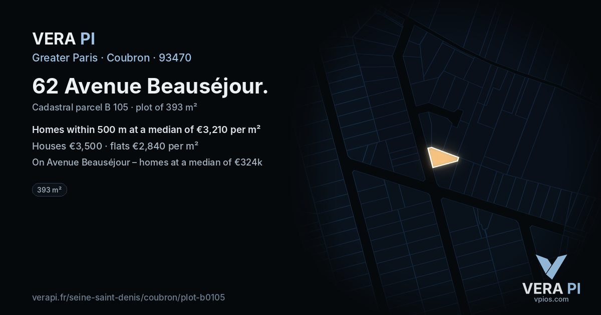 62 Avenue Beauséjour, Coubron at night – the plot lit, the parcels around coloured by the prices near them