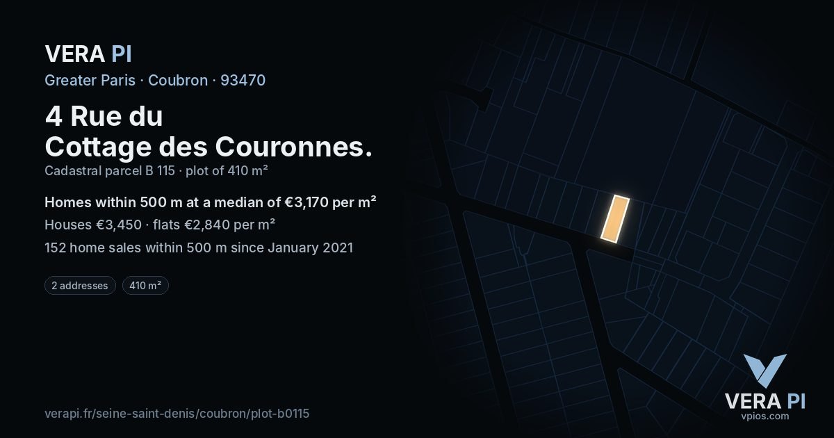 4 Rue du Cottage des Couronnes, Coubron at night – the plot lit, the parcels around coloured by the prices near them