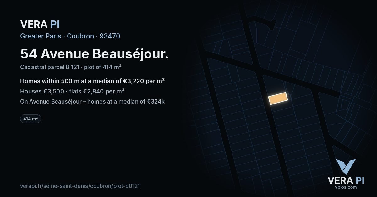 54 Avenue Beauséjour, Coubron at night – the plot lit, the parcels around coloured by the prices near them