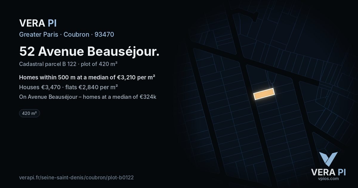 52 Avenue Beauséjour, Coubron at night – the plot lit, the parcels around coloured by the prices near them