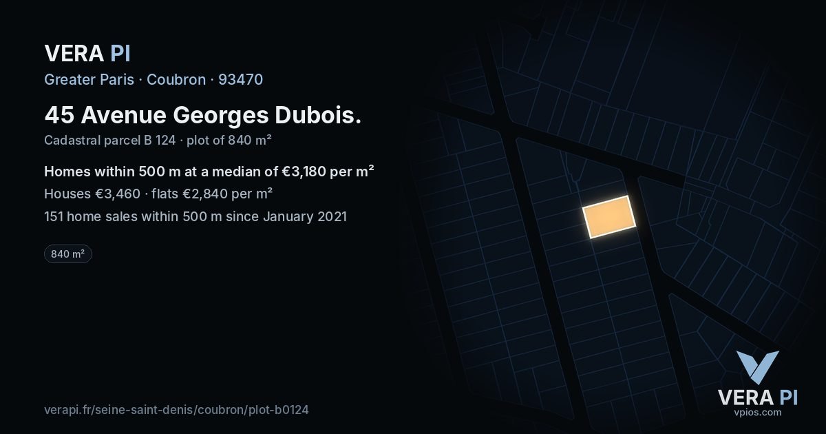 45 Avenue Georges Dubois, Coubron at night – the plot lit, the parcels around coloured by the prices near them