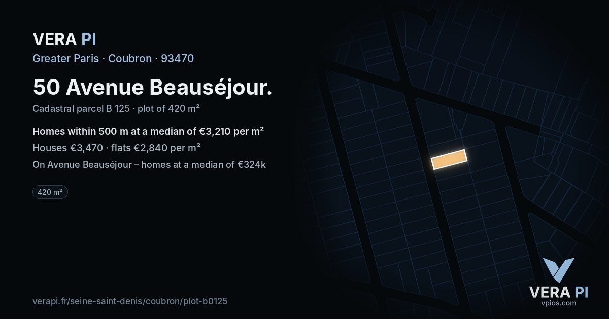 50 Avenue Beauséjour, Coubron at night – the plot lit, the parcels around coloured by the prices near them
