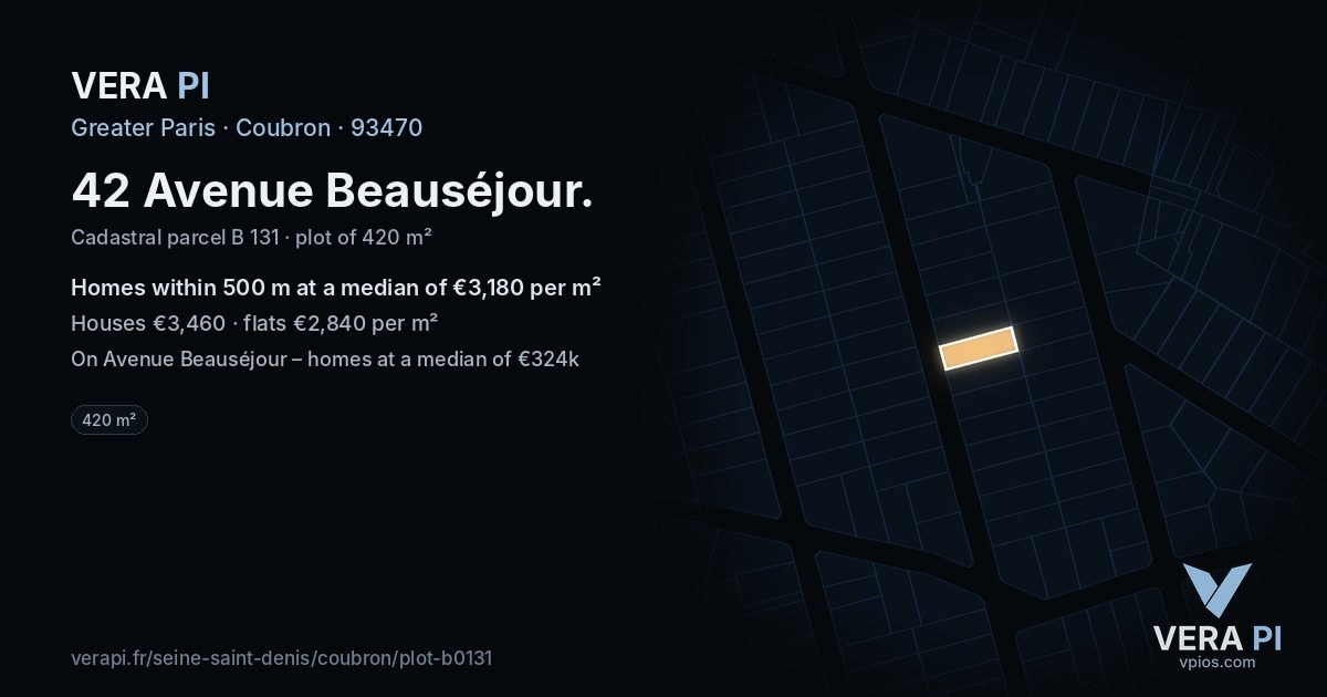 42 Avenue Beauséjour, Coubron at night – the plot lit, the parcels around coloured by the prices near them