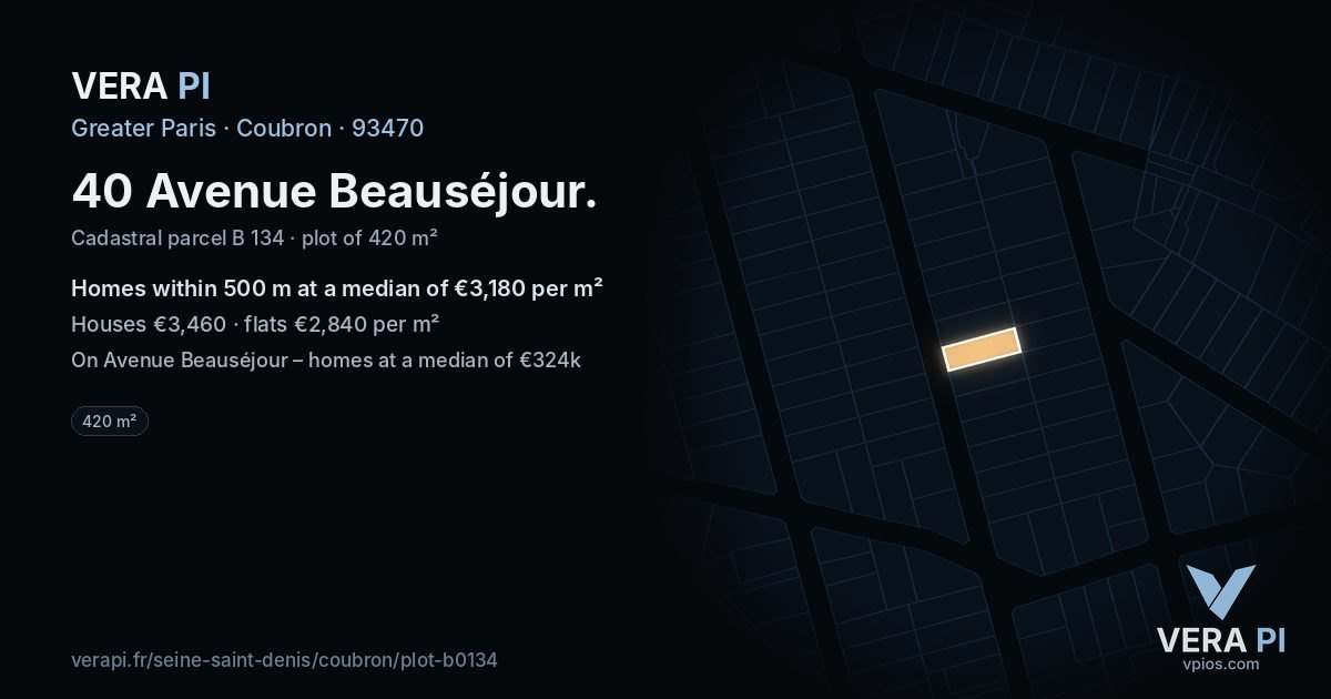 40 Avenue Beauséjour, Coubron at night – the plot lit, the parcels around coloured by the prices near them
