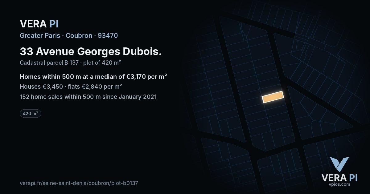 33 Avenue Georges Dubois, Coubron at night – the plot lit, the parcels around coloured by the prices near them