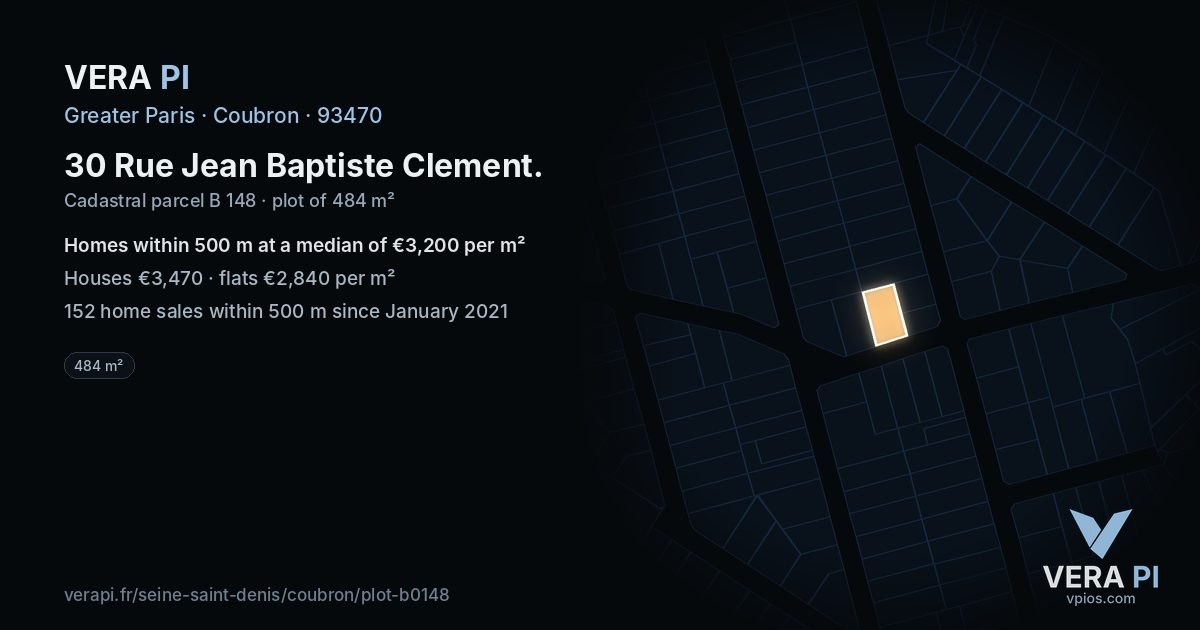 30 Rue Jean Baptiste Clement, Coubron at night – the plot lit, the parcels around coloured by the prices near them