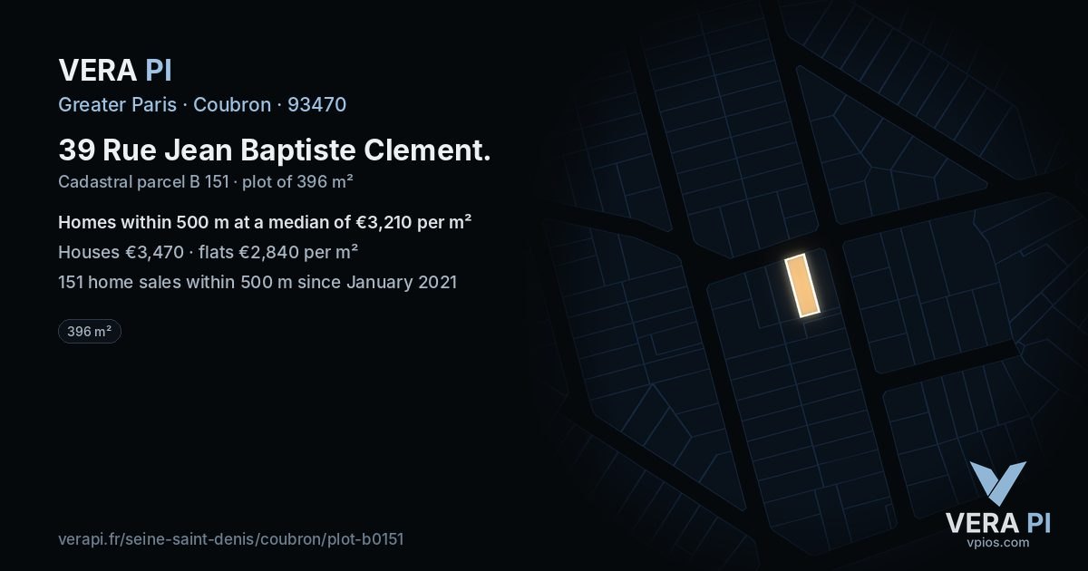 39 Rue Jean Baptiste Clement, Coubron at night – the plot lit, the parcels around coloured by the prices near them