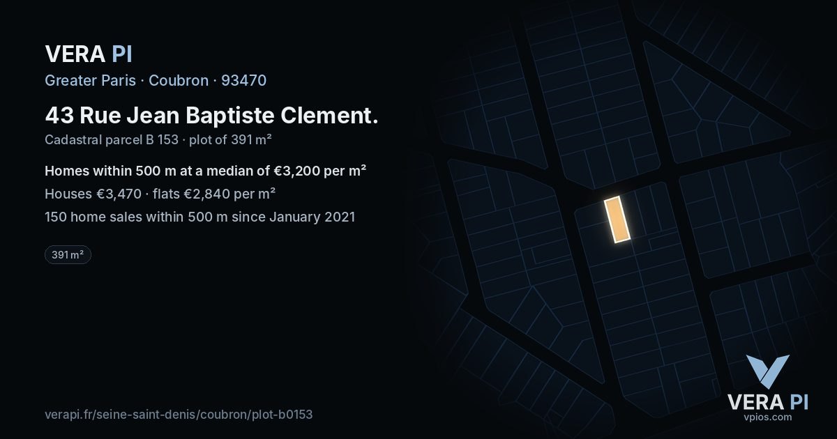 43 Rue Jean Baptiste Clement, Coubron at night – the plot lit, the parcels around coloured by the prices near them