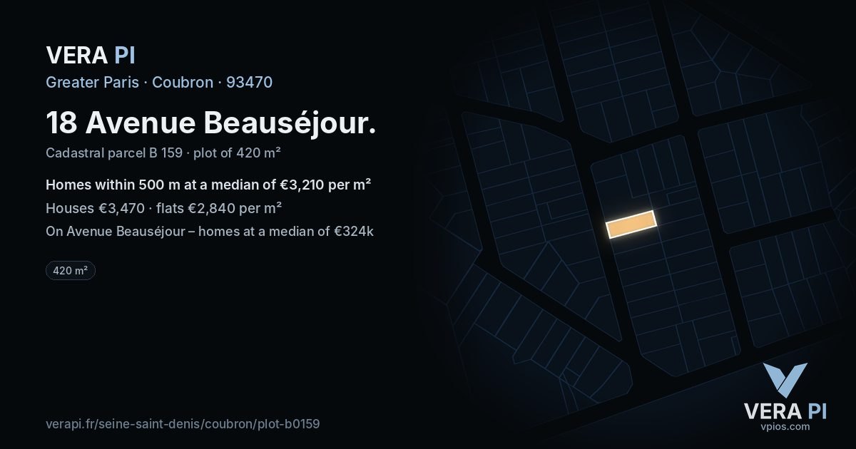 18 Avenue Beauséjour, Coubron at night – the plot lit, the parcels around coloured by the prices near them