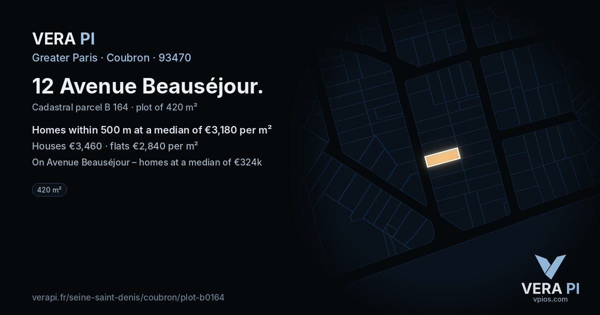 12 Avenue Beauséjour, Coubron at night – the plot lit, the parcels around coloured by the prices near them