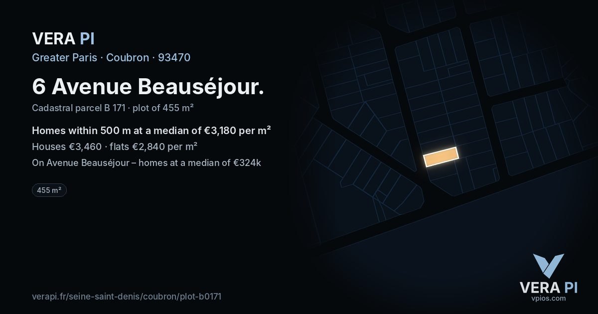 6 Avenue Beauséjour, Coubron at night – the plot lit, the parcels around coloured by the prices near them