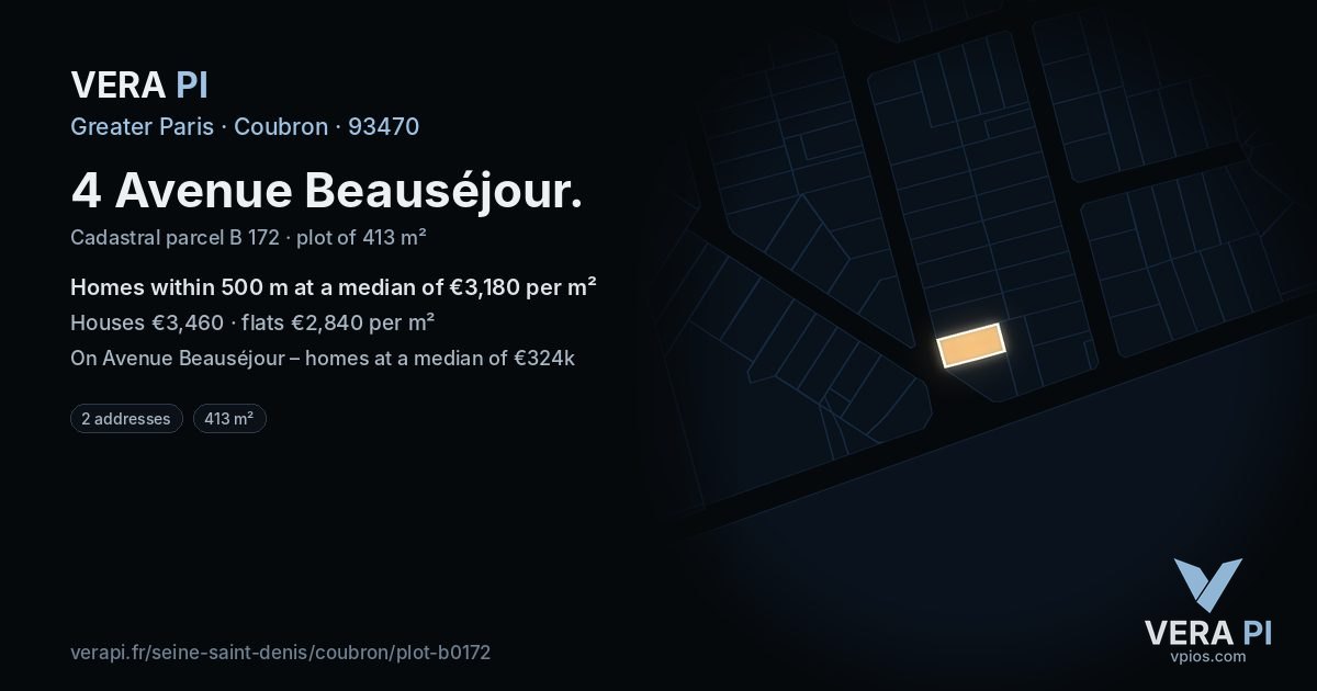 4 Avenue Beauséjour, Coubron at night – the plot lit, the parcels around coloured by the prices near them