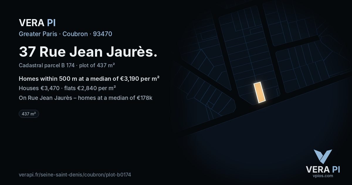 37 Rue Jean Jaurès, Coubron at night – the plot lit, the parcels around coloured by the prices near them