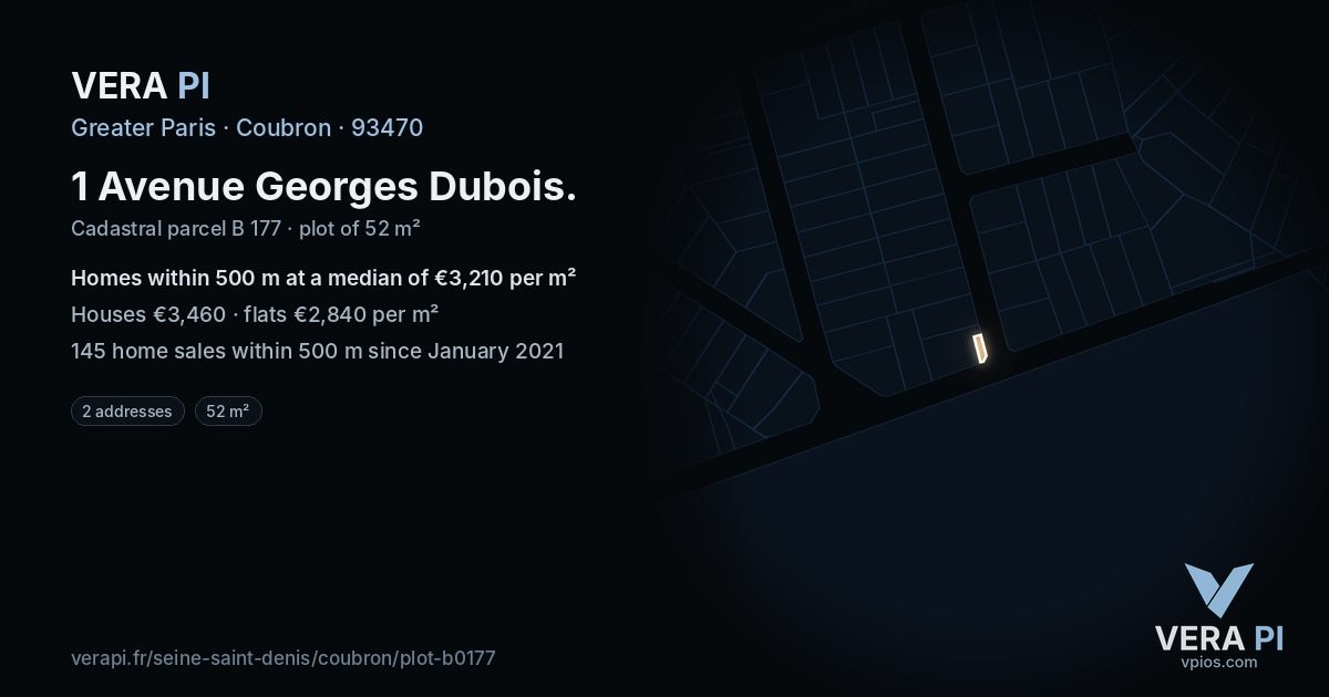 1 Avenue Georges Dubois, Coubron at night – the plot lit, the parcels around coloured by the prices near them