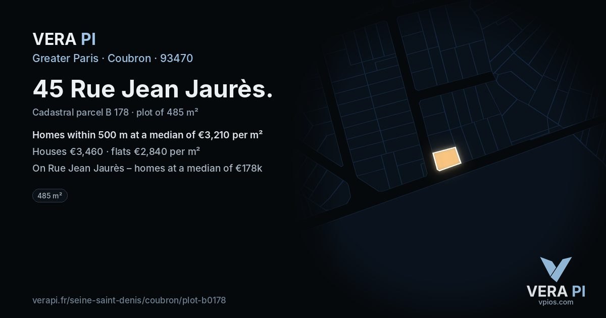 45 Rue Jean Jaurès, Coubron at night – the plot lit, the parcels around coloured by the prices near them