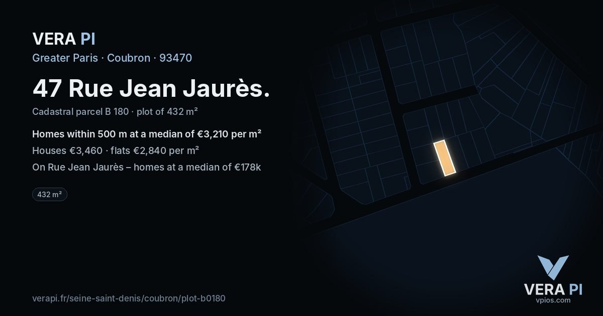 47 Rue Jean Jaurès, Coubron at night – the plot lit, the parcels around coloured by the prices near them